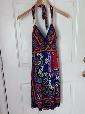 Cache Mini Multi Halter Dress Open Back Lined Sleeveless Sz 12